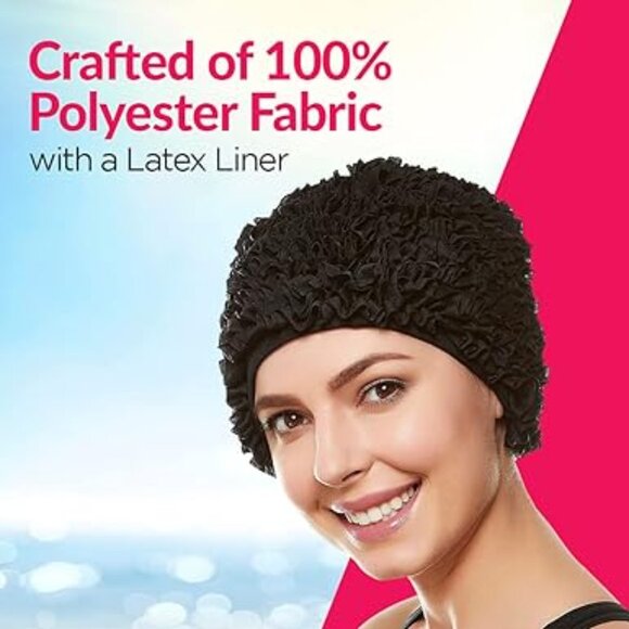 Beemo Women’s Swim Bathing Cap Turban Polyester Lined Ruffled Shower Cap - Black - Picture 5 of 7